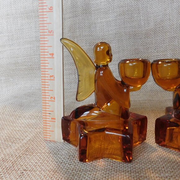 VTG L E Smith Amberina Gold Amber Angel Candle Holder Set Lot of 2 - Picture 7 of 8